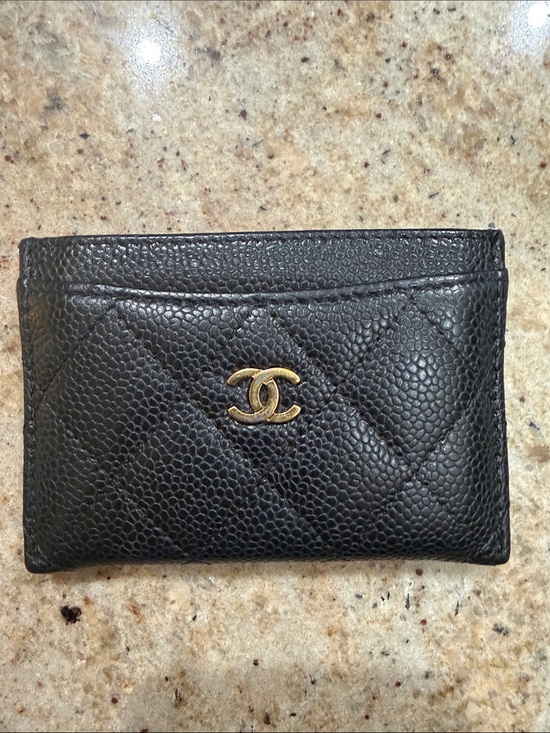 CHANEL Accessories - CHANEL Black Quilted Caviar Leather Card Holder with Gold CC